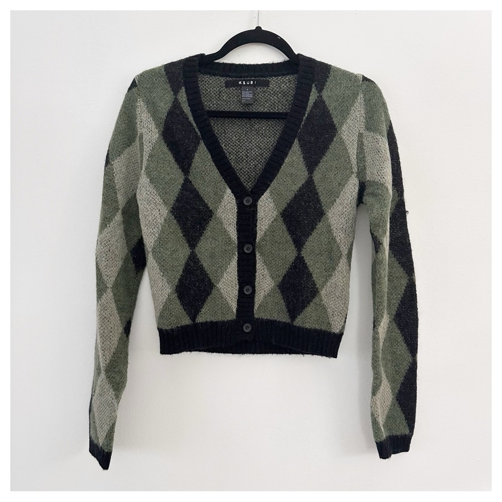 Ksubi Knit Argyle Old Dollar Cardigan in green. Size‎ small